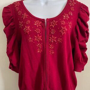 Red Beaded Holiday Sweater with Ruched Sleeves